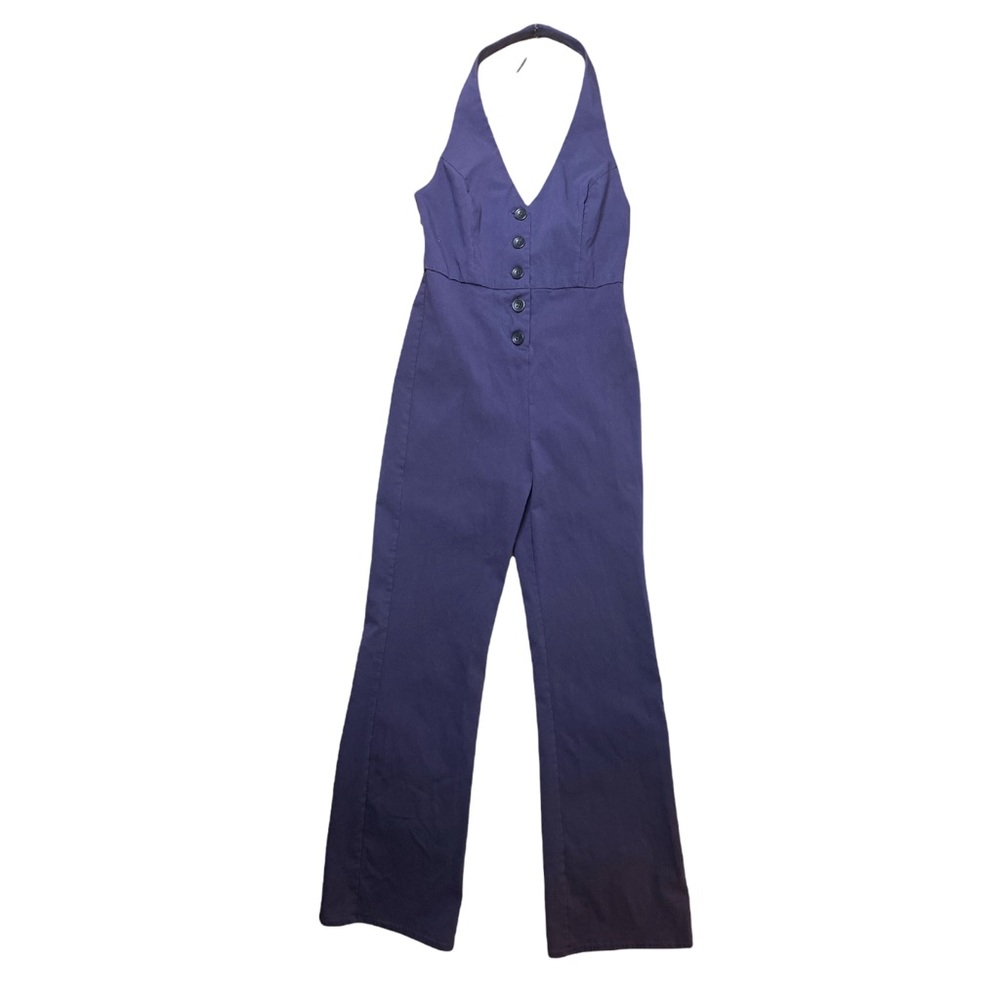 Urban Outfitters Navy Blue Backless Halter Plunge Fitted Jumpsuit Womens Size XS
